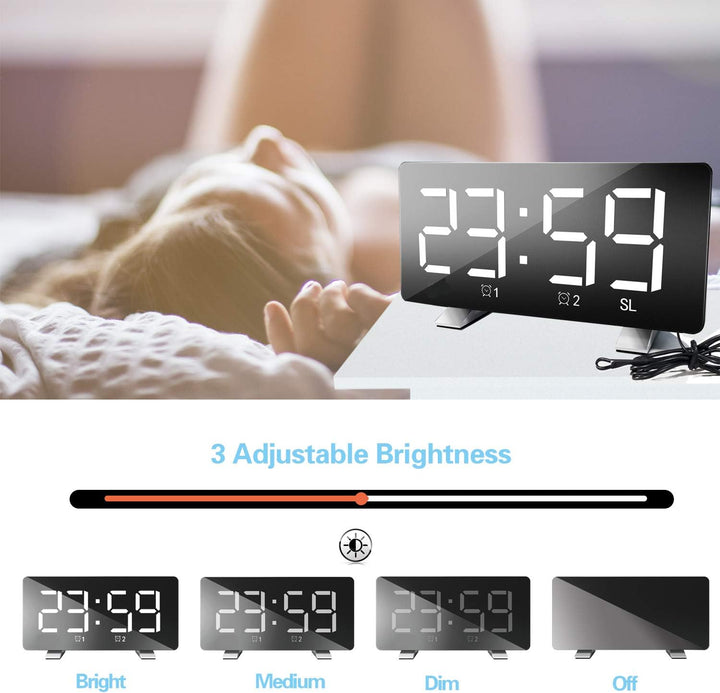 ThreeH Radiowecker für Schlafzimmer mit Zwei USB-Ladeanschlüssen 4 Dimmmodus 7,3'' LED-Bildschirm 12