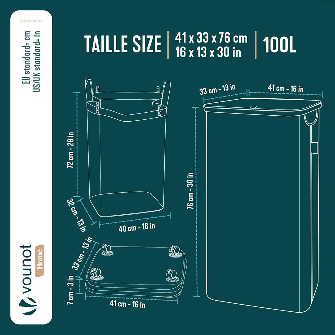 VOUNOT Wäschekorb mit Deckel 100L, Faltbarer Wäschesammler mit Herausnehmbar Wäschesäcke, Laundry Ba