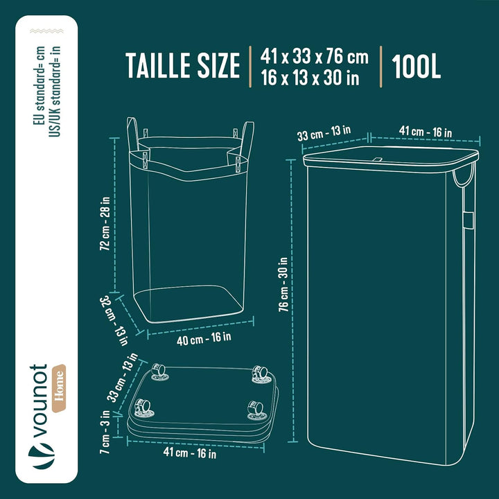 VOUNOT Wäschekorb mit Deckel 100L, Faltbarer Wäschesammler mit Herausnehmbar Wäschesäcke, Laundry Ba