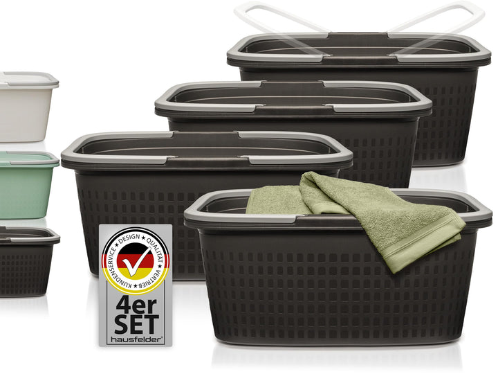 Hausfelder Wäschekorb stapelbar 35L – 4er Set Wäschewanne schwarz mit Henkel aus Kunststoff, 58x37x2