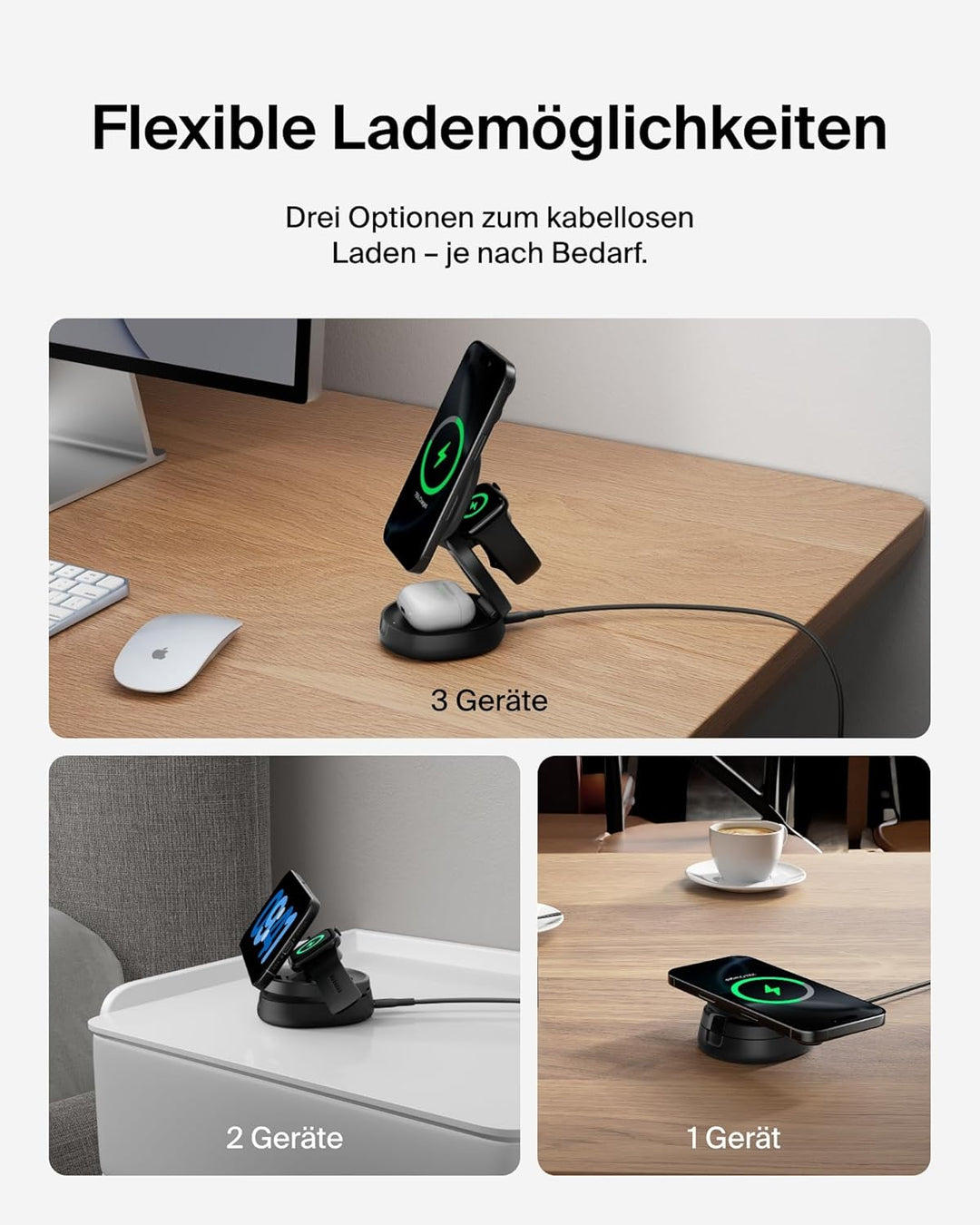 Belkin BoostCharge 3-in-1 Induktive Ladestation mit Qi2, 15W, MagSafe-kompatibles Ladegerät, Kabello