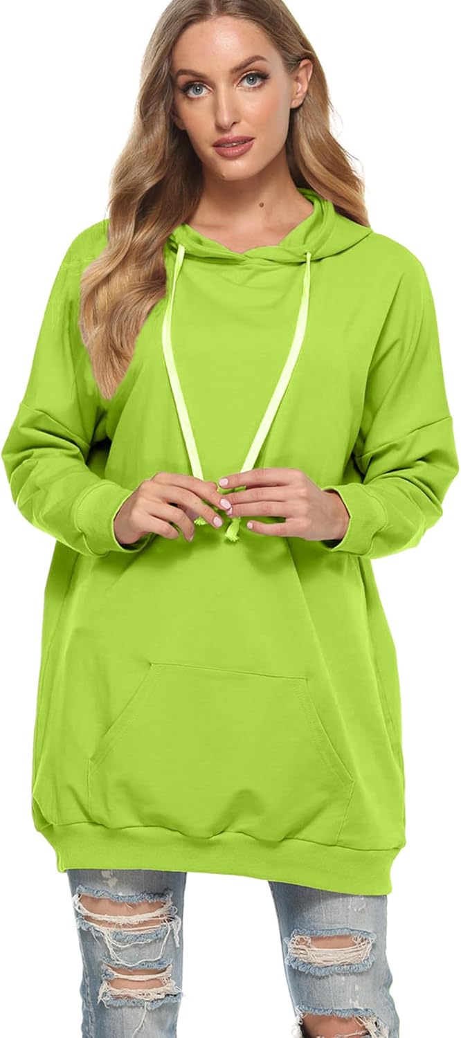 Famulily Damen Oversized Hoodie Kleid Baumwolle Lang Sweatshirt mit Kapuze Einfarbige Kapuzenpullove