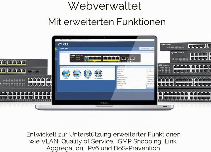 ZyXEL 8-Port Gigabit Switch | Smart Managed | Desktop/Rackmontage und lüfterloses Design | VLAN, IGM