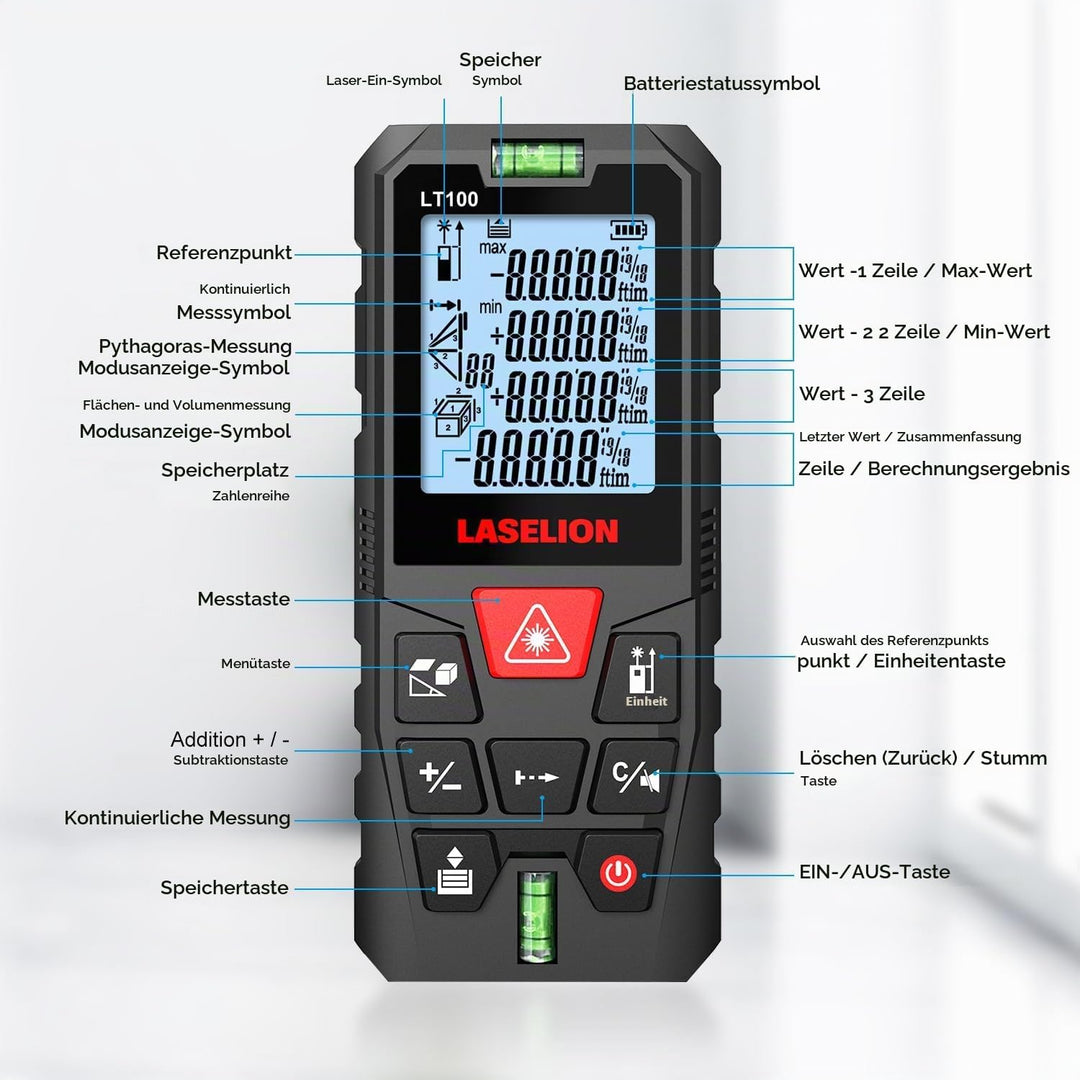 LT100 Laser-Entfernungsmesser – 100m Reichweite, Hohe Genauigkeit, Mehrere Messmodi, Eingebaute Wass