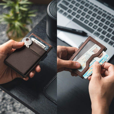 VULKIT Kreditkartenetui mit EDC-Fächern und Ausweisfenster, RFID-blockierende Pop Up Karten Geldbörs