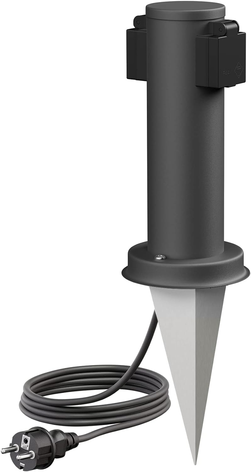 ledscom.de Garten-Steckdosen-Säule PORU mit Erdspiess und 2m Kabel für aussen, 2-Fach, Edelstahl, an