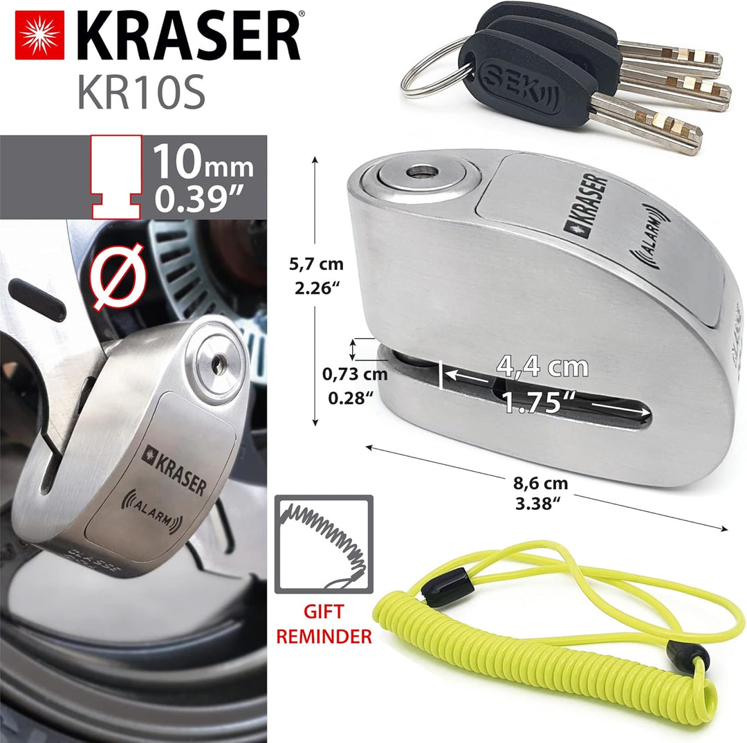 KRASER KR10S Motorrad Alarm Vorhängeschloss, 120dB Double Lock Anti-Diebstahl Bike Disc Clip mit War