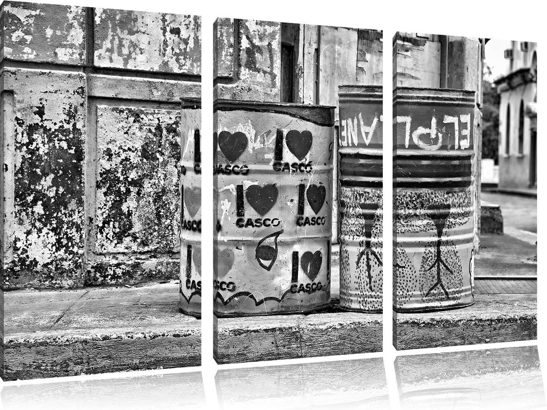 Pixxprint buntbemalte Fässer / 3-Teilig/Gesamtmass 120cm Leinwandbild bespannt auf Holzrahmen/Wandbi