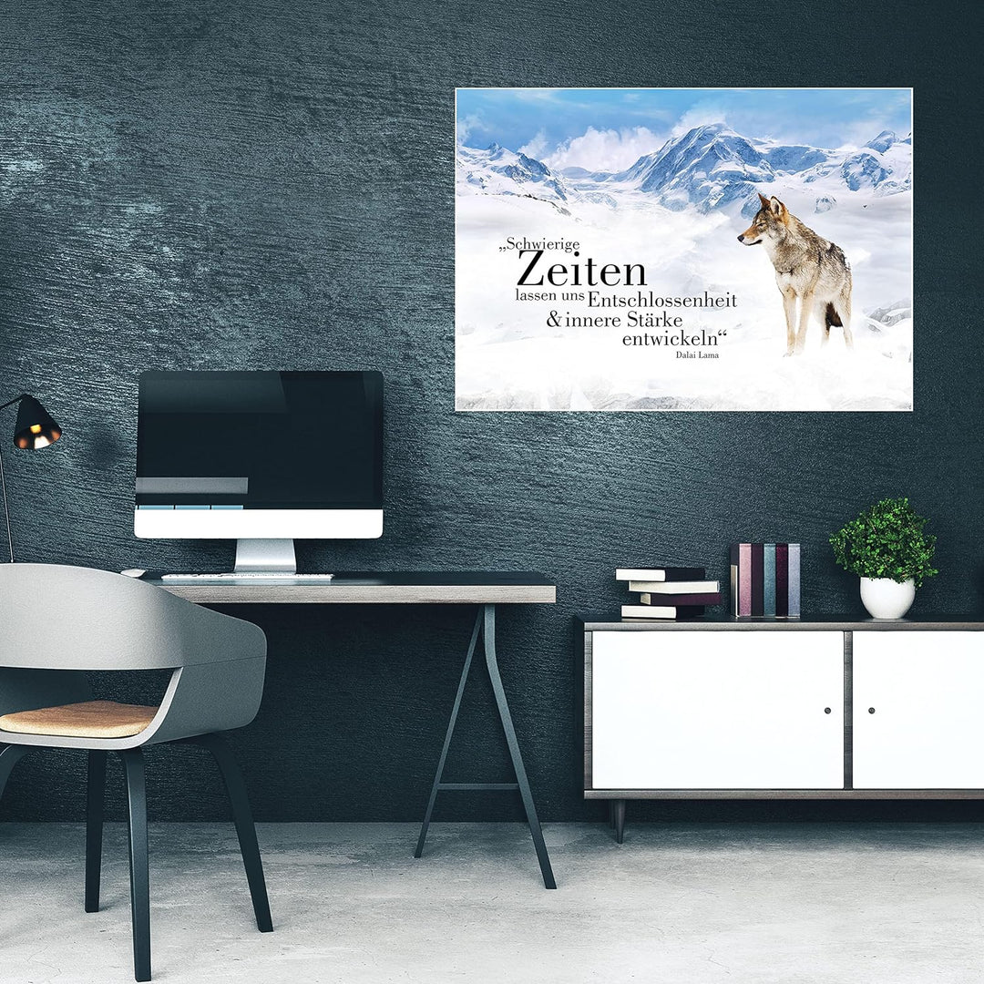 wandmotiv24 Poster als Wanddeko, Grösse Din A1, Wolf in den Bergen, Entschlossenheit, Wölfe, Tiere,