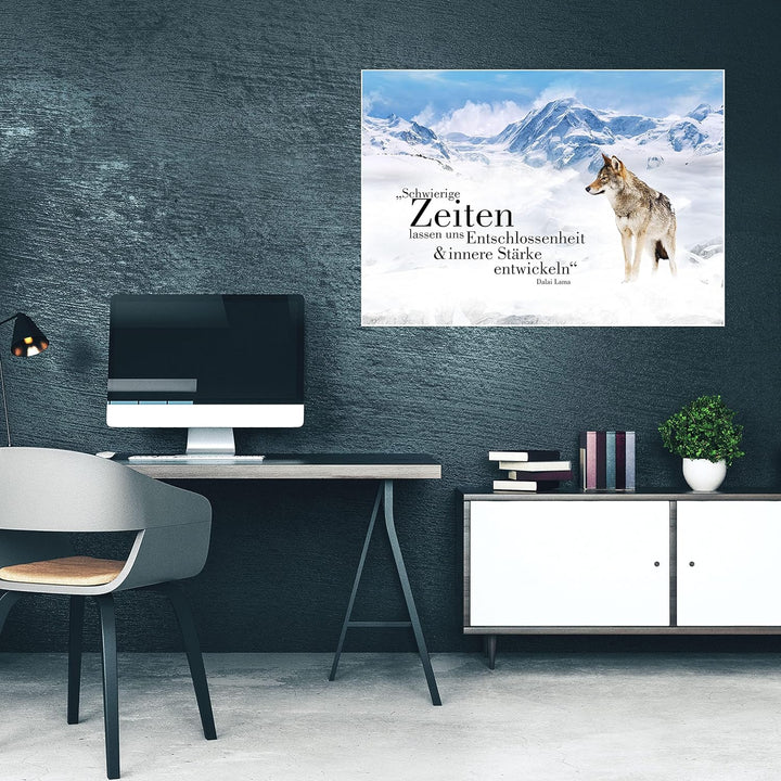 wandmotiv24 Poster als Wanddeko, Grösse Din A1, Wolf in den Bergen, Entschlossenheit, Wölfe, Tiere,