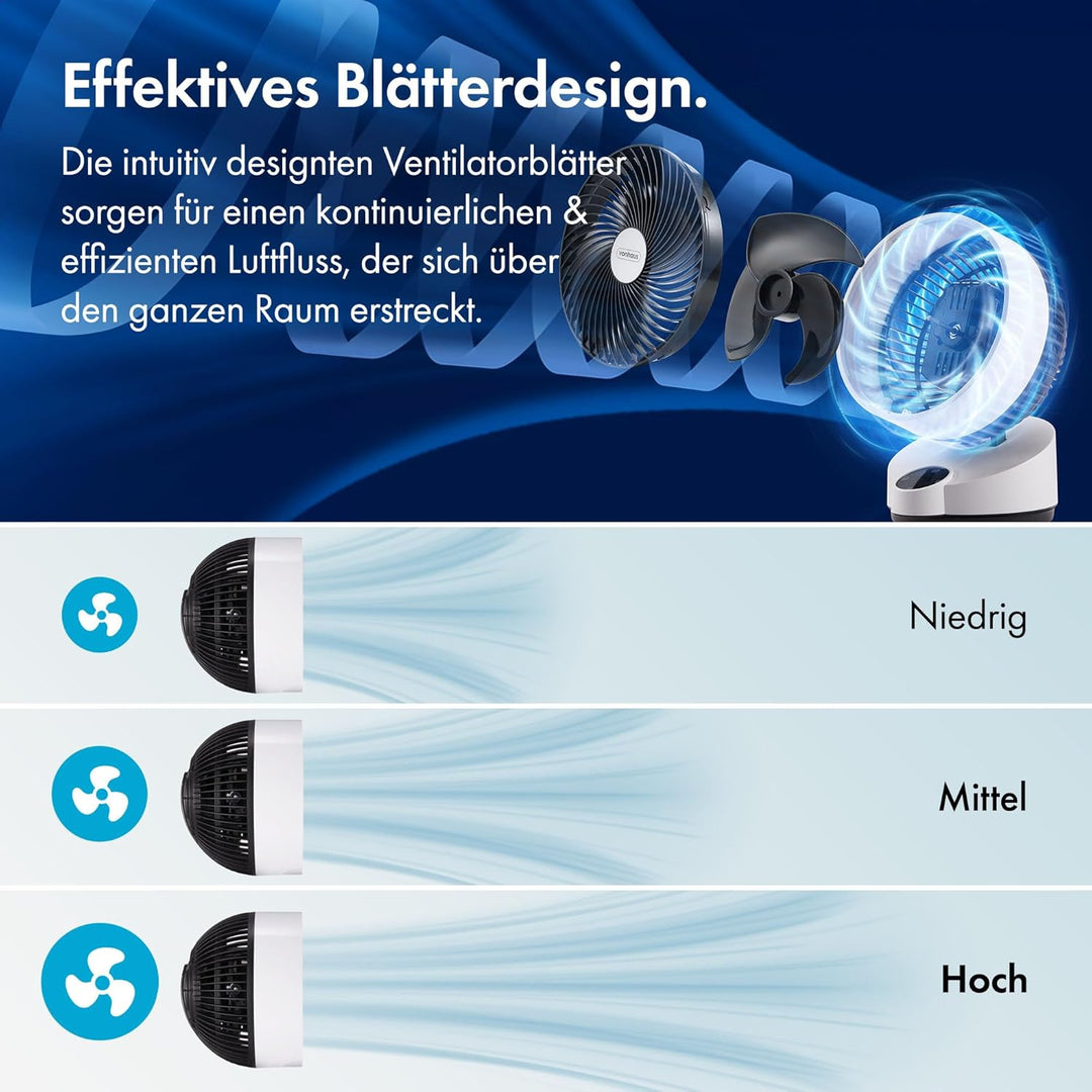 VonHaus Umluft Ventilator Leise – Tischventilator mit 3 Geschwindigkeitsstufen, 3 Modi, Fernbedienun