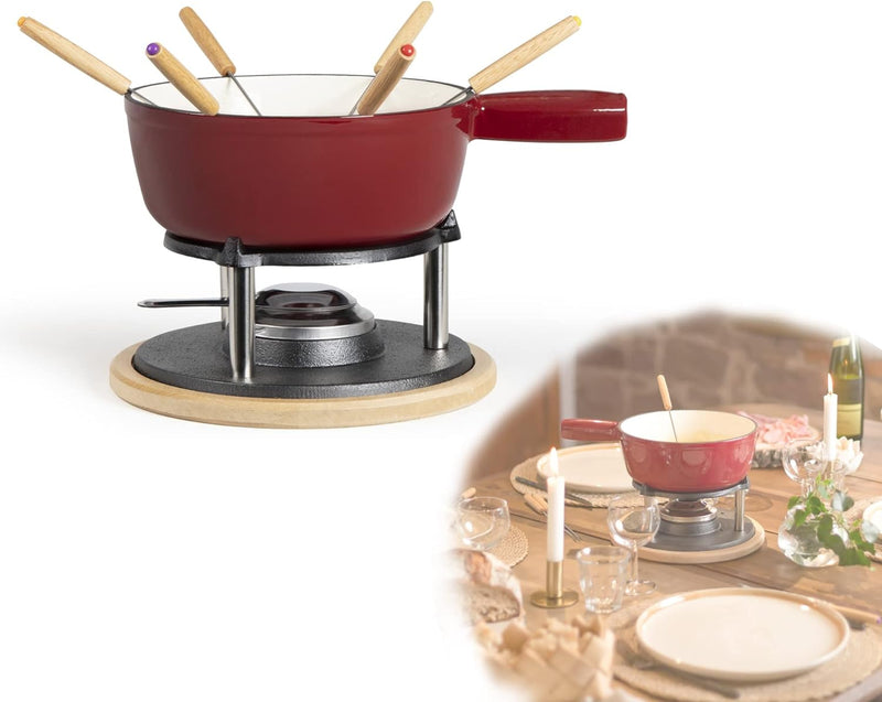 Fondue Gusseisen für Brennpaste Rot - Fondueset Traditionell Ohne Strom - Fleischfondue für 6 Person