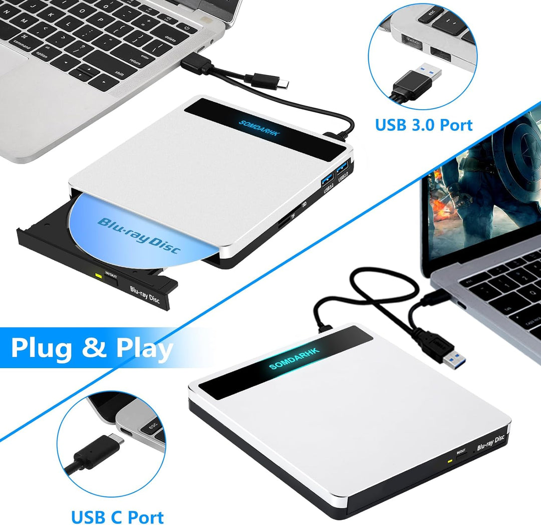 SOMDARHK Externes Blu Ray Laufwerk, USB 3.0 Type C Externer CD DVD Brenner mit SD/TF Slot & 2 USB, T
