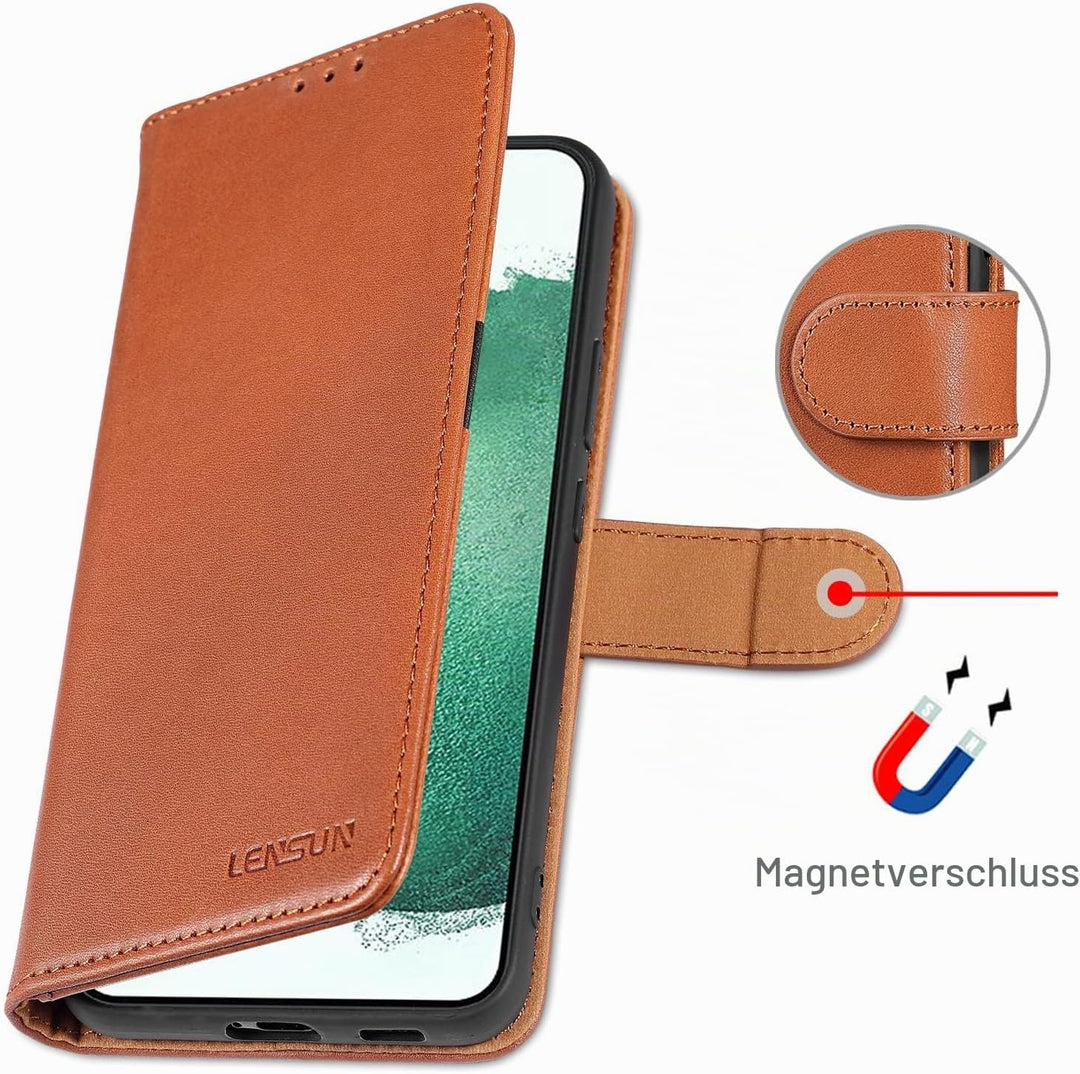 LENSUN Echtleder Hülle für Samsung Galaxy S22 Plus, Handyhülle [Echtes Leder][Magnetverschluss][RFID