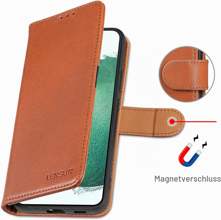 LENSUN Echtleder Hülle für Samsung Galaxy S22 Plus, Handyhülle [Echtes Leder][Magnetverschluss][RFID