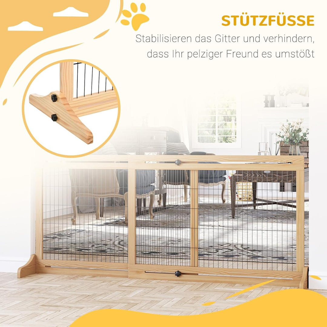 PawHut Hunde Absperrgitter aus Holz, Ausziehbares Türschutzgitter mit Fussstütze, Freistehendes Hund