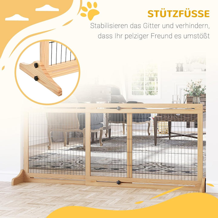 PawHut Hunde Absperrgitter aus Holz, Ausziehbares Türschutzgitter mit Fussstütze, Freistehendes Hund