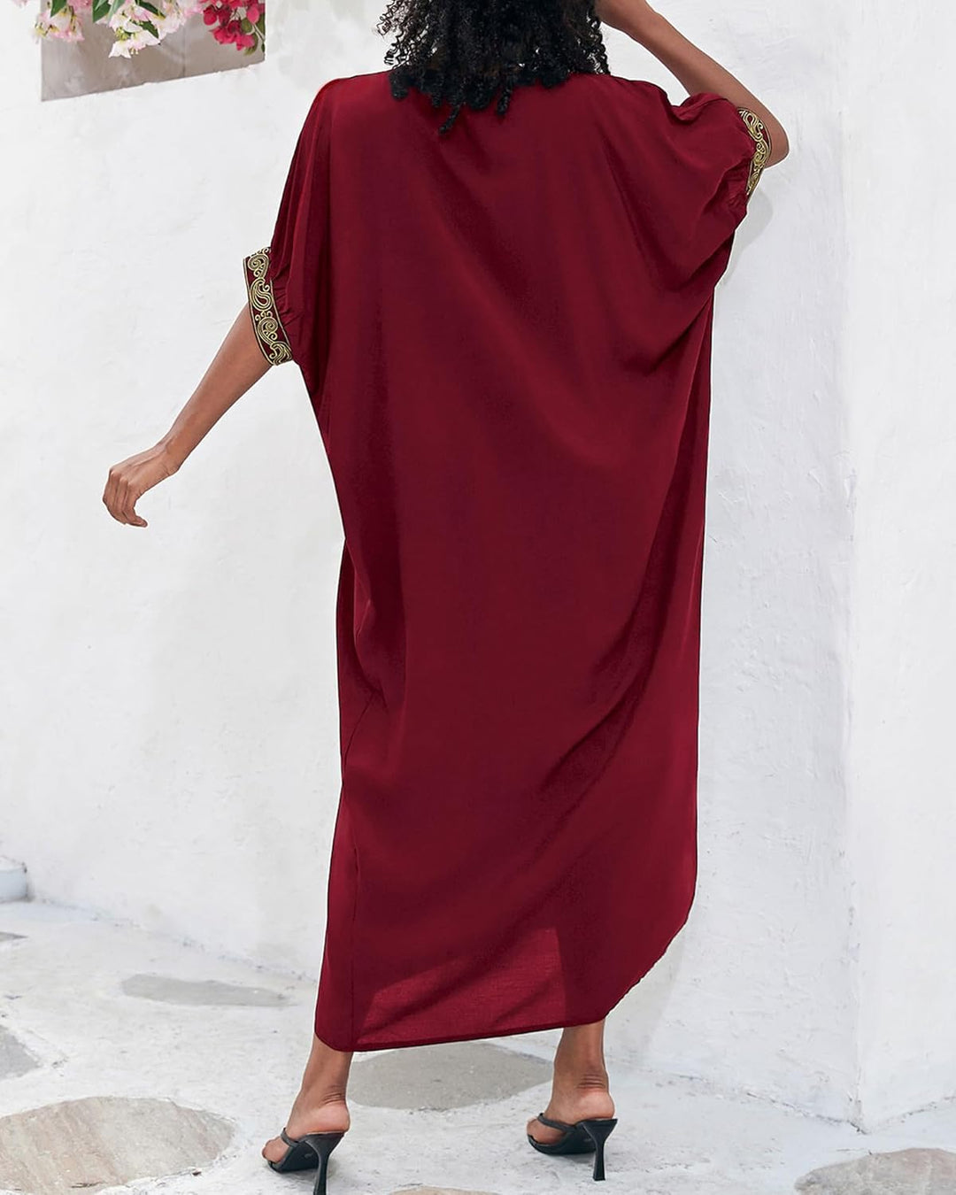 Bsubseach Damen Stickerei Kurzarm Bikini Strandkleid Side Split Beach Kaftan Kleid L-maroon, L-maroo
