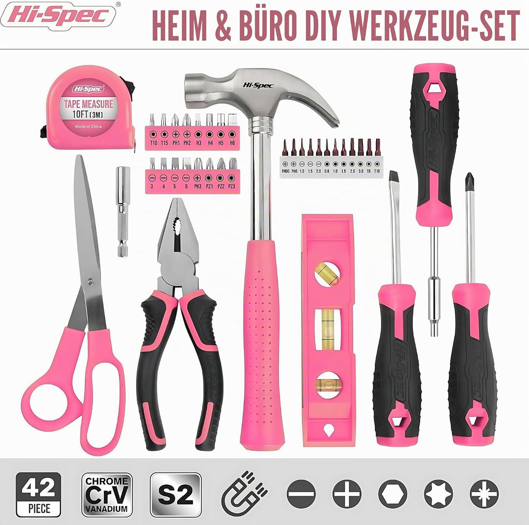 Hi-Spec Heim DIY Werkzeugkoffer für Frauen 42tlg. Kleiner Werkzeugkoffer gefüllt mit Pinken Werkzeug