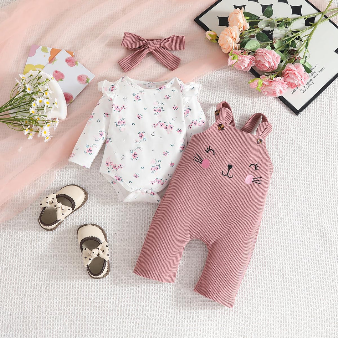 3tlg Baby Mädchen Kleidung Outfits Set Blumen Strampler Tops+ Einstellbare Overalls Pants+Stirnband