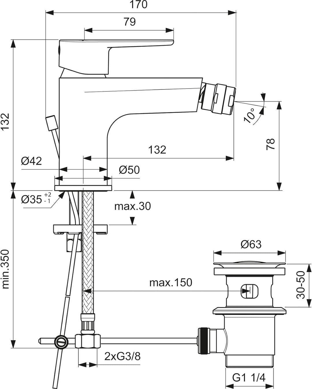Ideal Standard BC705AA Cerafine O Bidetarmatur mit Zugknopf-Ablaufgarnitur