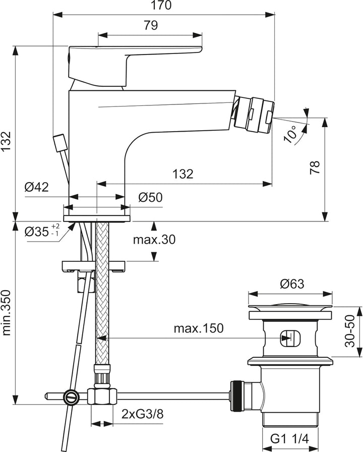 Ideal Standard BC705AA Cerafine O Bidetarmatur mit Zugknopf-Ablaufgarnitur