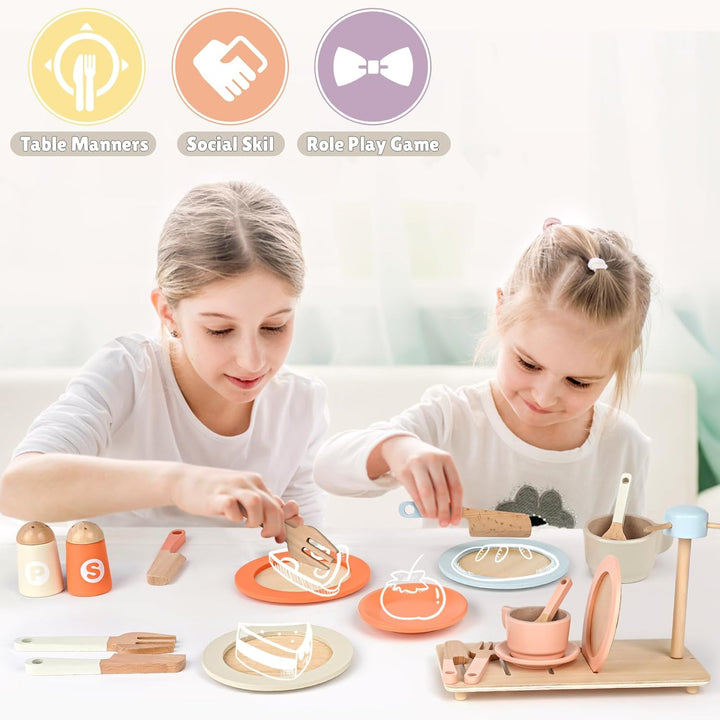 Dreamon Kinderküche Zubehör Teeservice Kinder Holz, 27 PCS Puppengeschirr Kinderküche Spielküche Zub