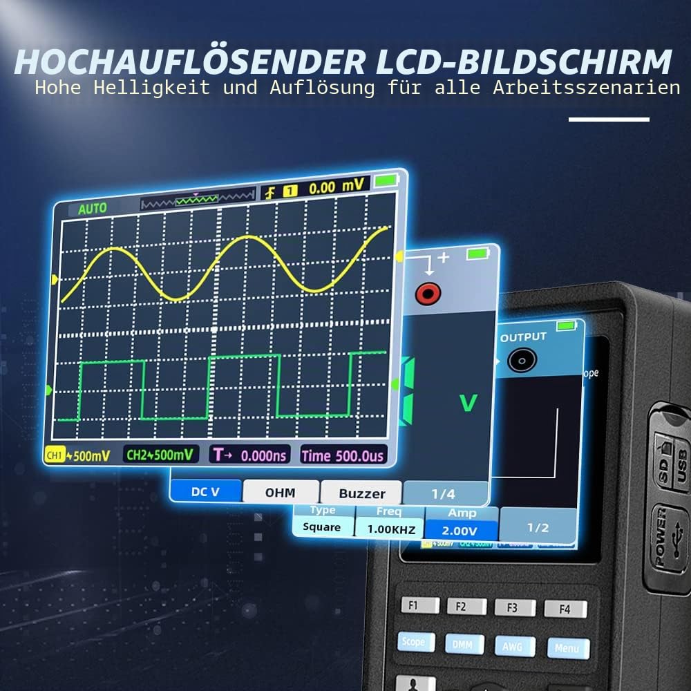 Hantek 2D72 Oszilloskop 3 in 1 Funktion 70MHz Bandbreite Zweikanal-Oszillograph mit Digital Multimet