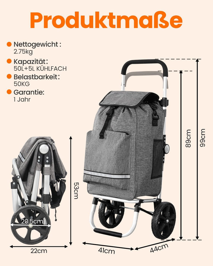 Homecall Einkaufstrolley klappbar Einkaufswagen mit 50L + 5L kühlfunktion Bis 50KG, Einkaufstasche m