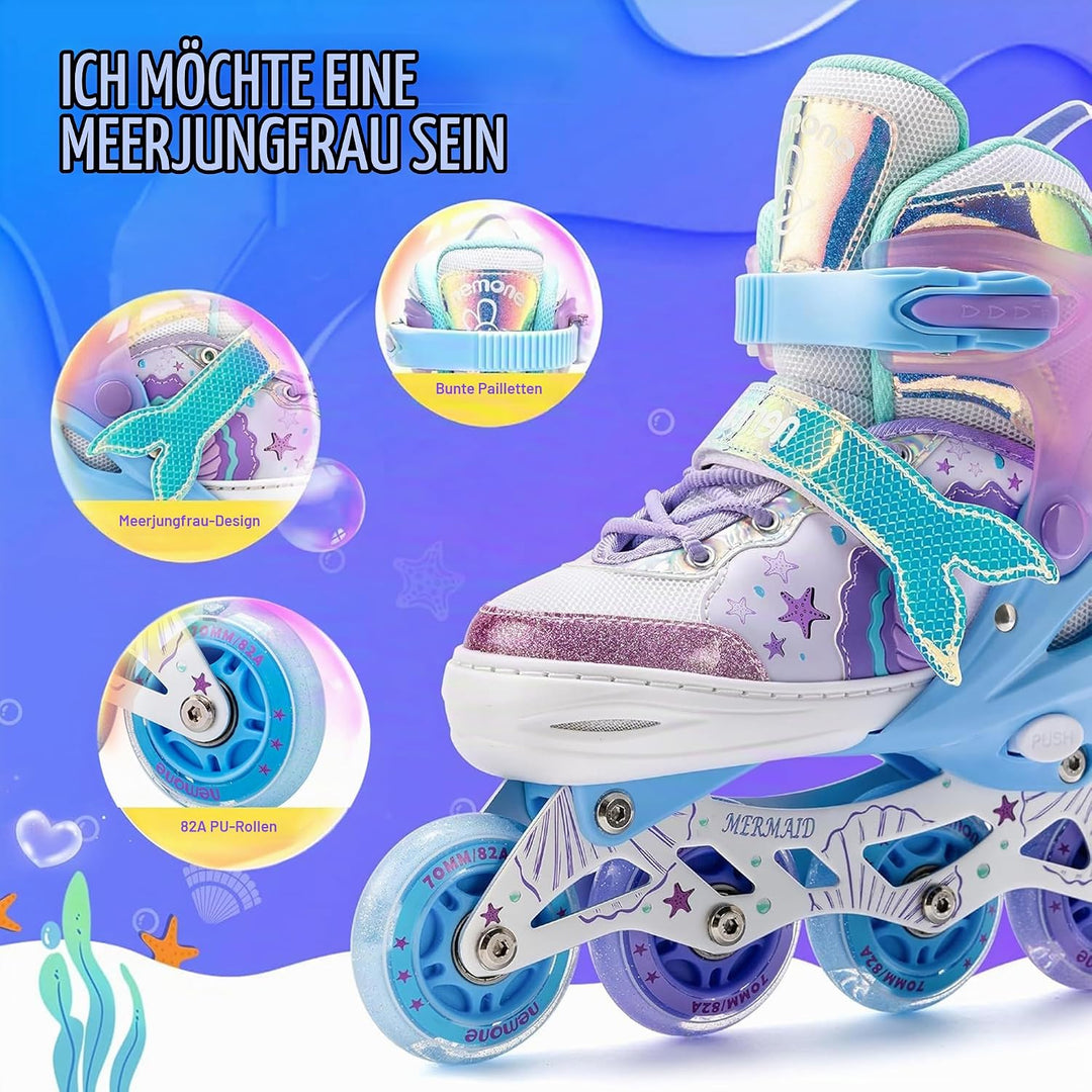 NEMONE Inliner für Mädchen Kinder 4 Grössen Verstellbar Blau Violett Inliner für Kinder Drinnen Drau