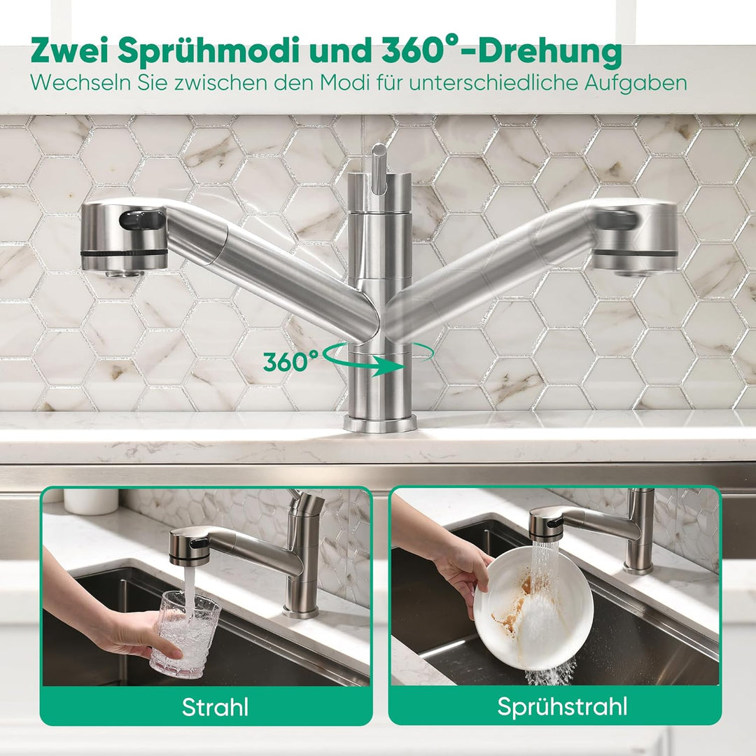 Wasserhahn Küche Spültischarmatur mit ausziehbarer Brause, usziehbarer Wasserhahn 360° schwenkbar zw