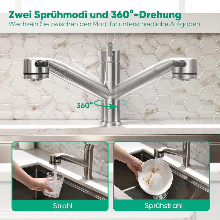 Wasserhahn Küche Spültischarmatur mit ausziehbarer Brause, usziehbarer Wasserhahn 360° schwenkbar zw