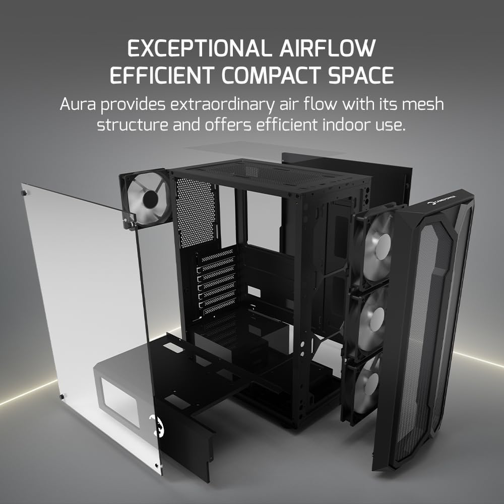 GAMEPOWER Aura Gaming PC-Gehäuse – ATX-Desktop-Case mit gehärtetem Glas, 4X 120mm Lüfter (ohne RGB),