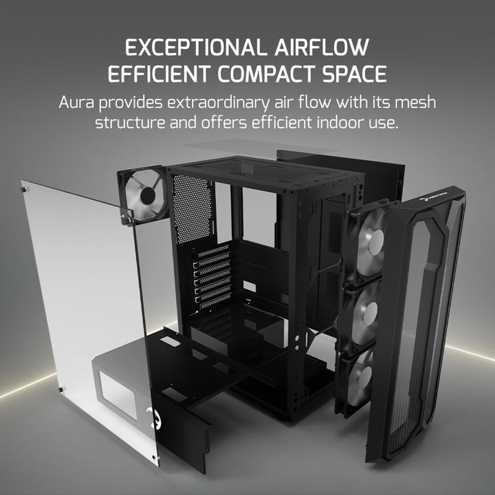 GAMEPOWER Aura Gaming PC-Gehäuse – ATX-Desktop-Case mit gehärtetem Glas, 4X 120mm Lüfter (ohne RGB),