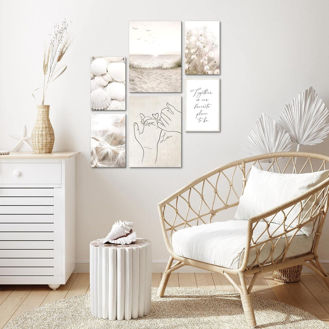Novart Bilder Set - AUFHÄNGFERTIG - KEIN EXTRA RAHMEN BENÖTIGT - Boho Strand Modern Beige - Wohnzimm