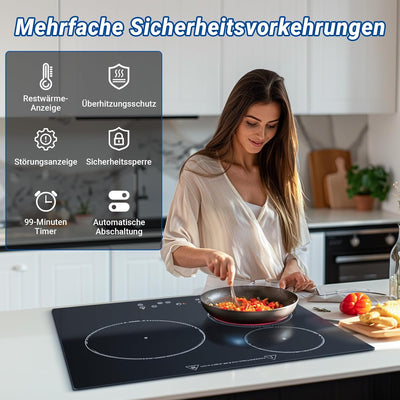 AMZCHEF Glaskeramikkochfeld 3 Zonen, Einbau Keramikkochfeld 60CM mit 9 Leistungsstufen, Touch-Bedien