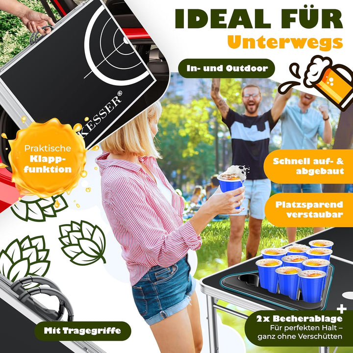 KESSER® Bier Pong Tisch Set mit Kartenspiel Trinkspiel - inkl. 100 Becher (50 Rot & 50 Blau), 6 Bäll
