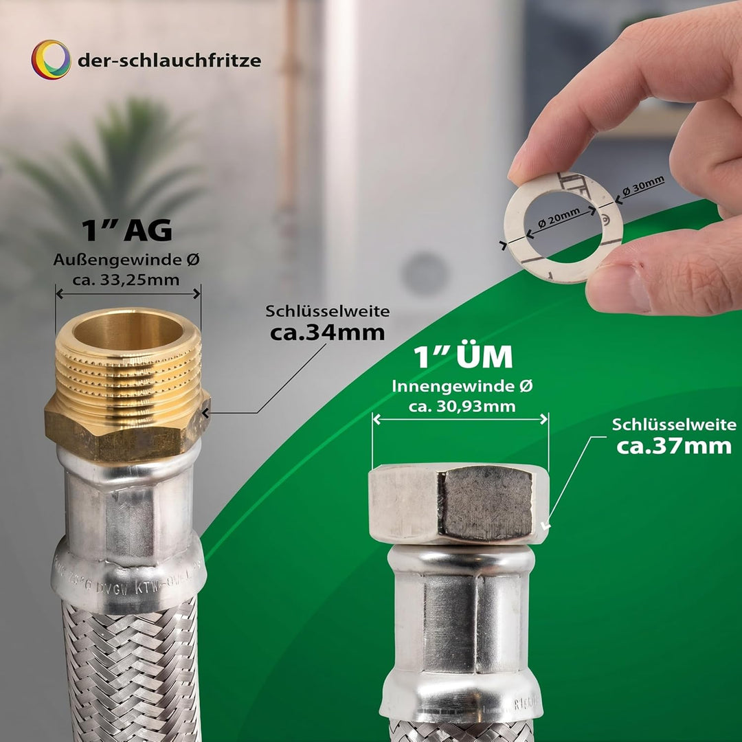Flexschlauch 1 Zoll ÜM x 1 Zoll AG, hoch flexibler Panzerschlauch DN25 mit Trinkwasserzulassung 70cm