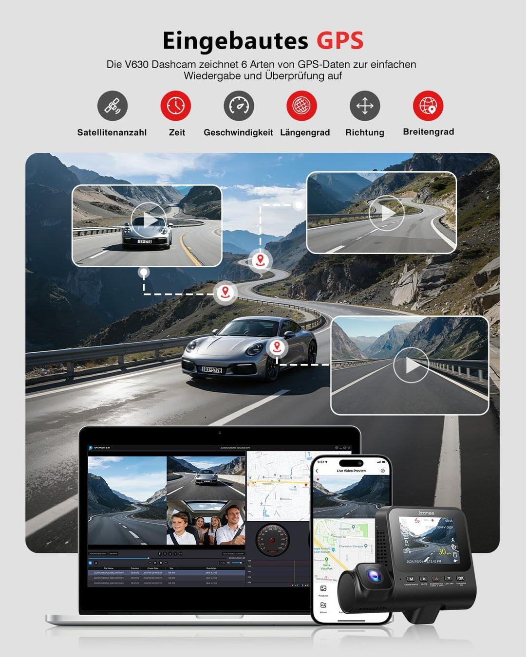 3-Kanal Dashcam Auto Vorne Hinten und Innen mit STARVIS 2 Nachtsicht und HDR, 4k Dashcam Auto APP-St