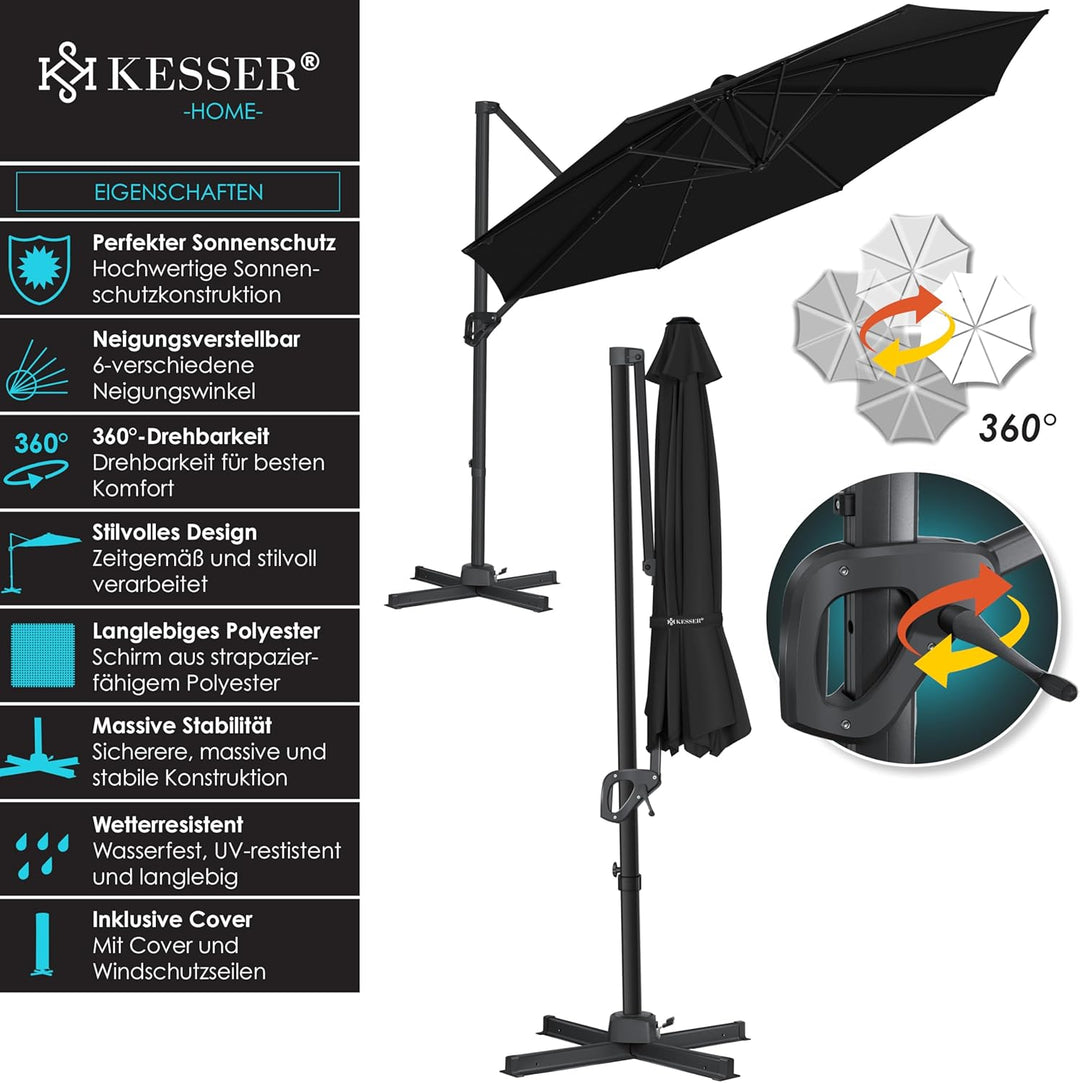 KESSER® Sonnenschirm Ampelschirm SUN Rund XL Ø330 cm Inkl. Abdeckung + Windsicherung 7-Fach Verstell