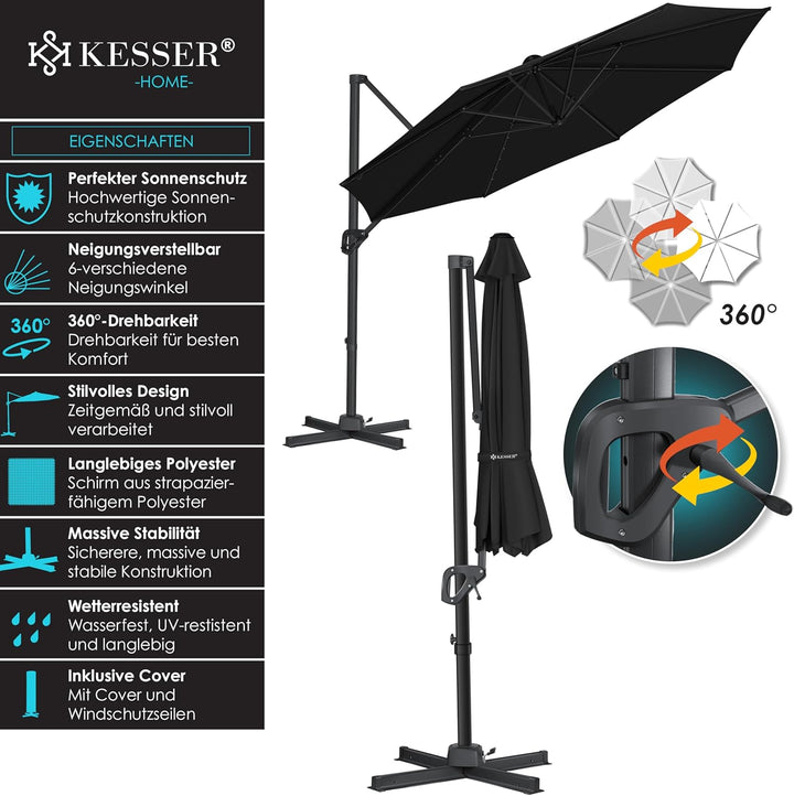 KESSER® Sonnenschirm Ampelschirm SUN Rund XL Ø330 cm Inkl. Abdeckung + Windsicherung 7-Fach Verstell