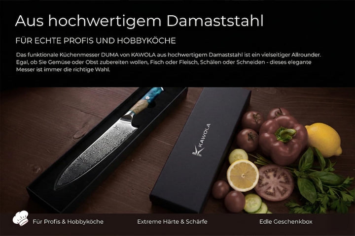 KAWOLA Damast Küchenmesser Santoku Kochmesser 21cm I Küchenmesser Damaststahl I Santoku Messer Damas