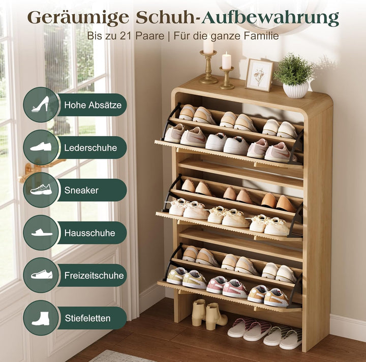 LUXOAK Schuhschrank mit 3 Klappen, Verstellbare Trennwände & Anti-Kipp-Sicherung, Abgerundete Ecken,