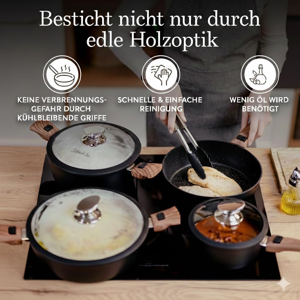 Topfset & Pfannenset Induktion [Antihaft Granit-Beschichtung] - Kochset mit abnehmbaren Griffen [Pla