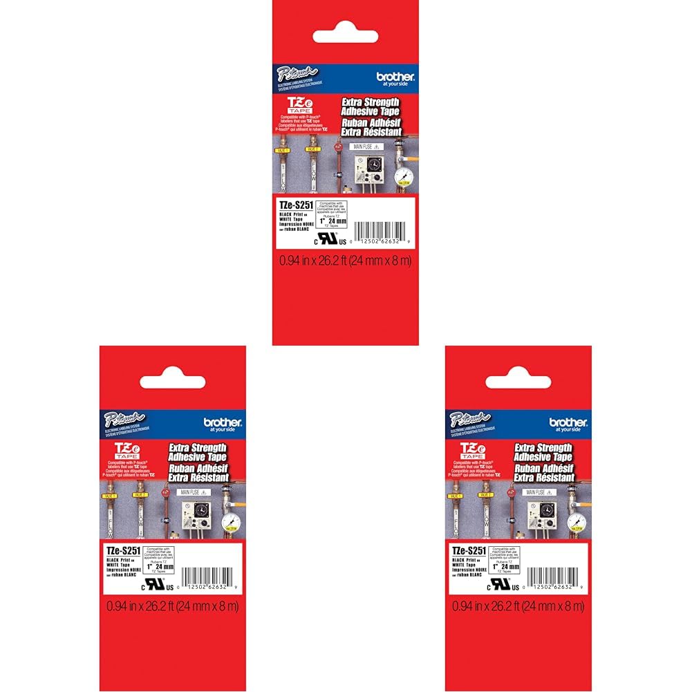 BROTHER Tze-S251 (Packung mit 3) Schwarz auf Weiss 24mm (Packung mit 3) Stark haftend, Schwarz auf W