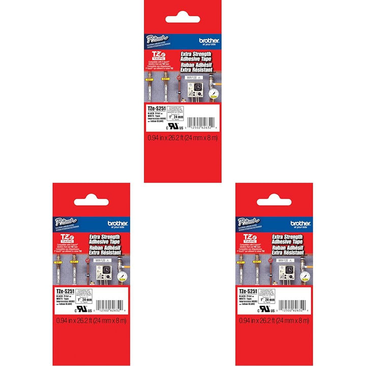 BROTHER Tze-S251 (Packung mit 3) Schwarz auf Weiss 24mm (Packung mit 3) Stark haftend, Schwarz auf W