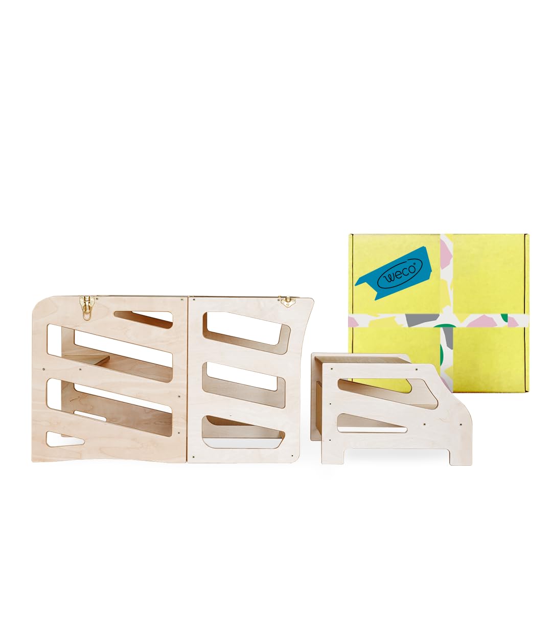 Weco Montessori Kinder Lernturm 3 in 1 Streifen Design mit Tritthocker FSC Zertifikat Schreibtisch M