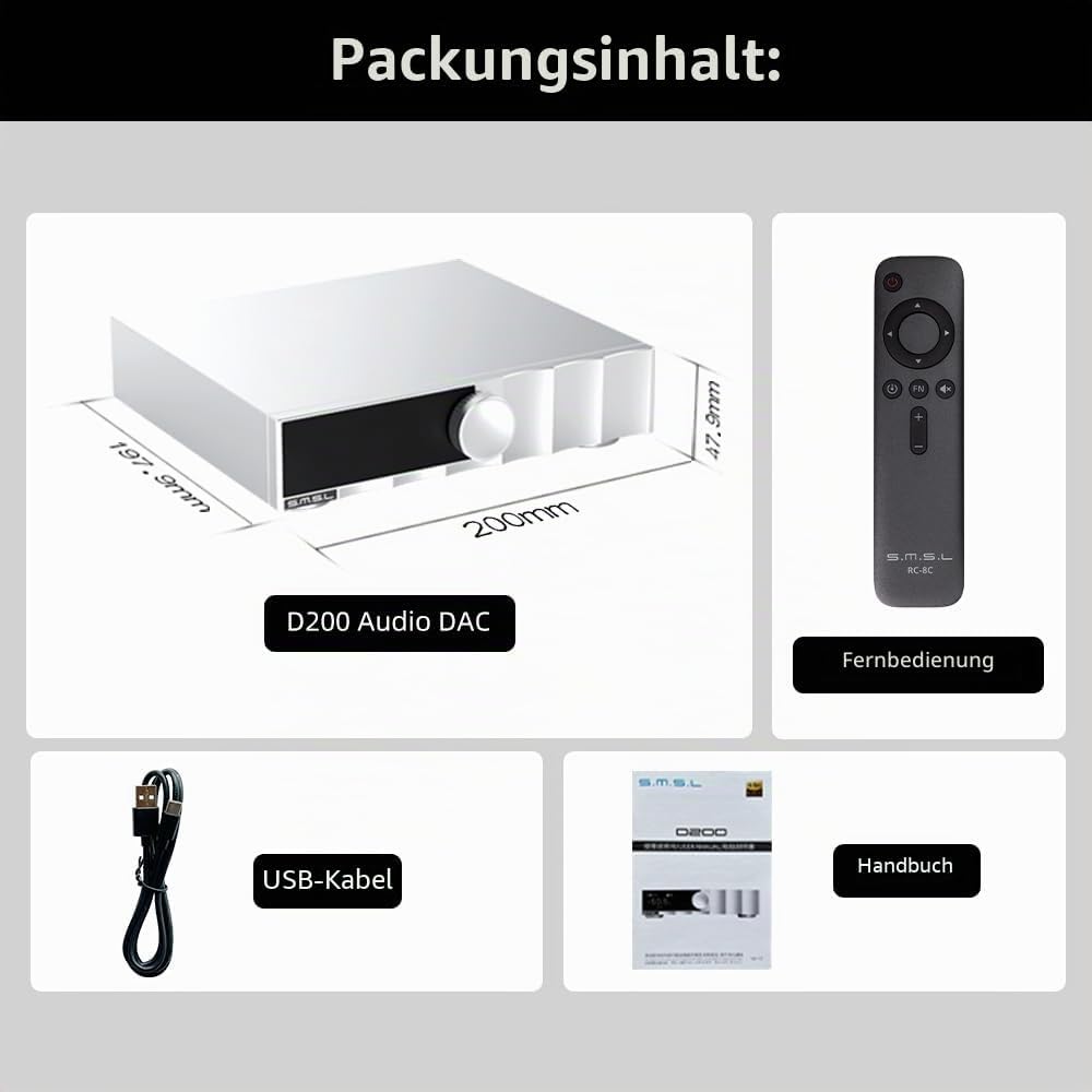 SMSL D200 Audio-Decoder, USB/Optisch/Koaxial/Bluetooth-Eingang, MQA/MQA – CD unterstützt, ROHM BD343