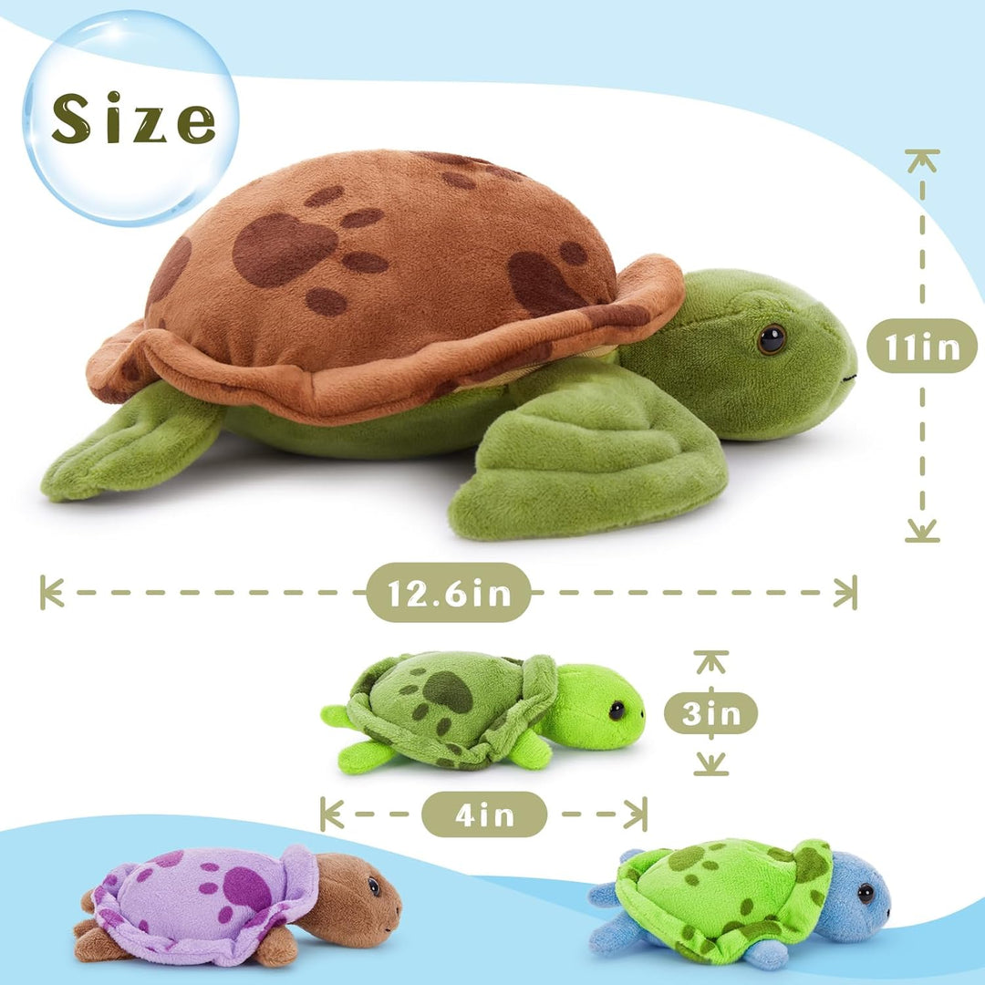 MorisMos 32cm Plüsch Kuscheltier Schildkröte mit 3 Baby im Panzer, 4 Stücke Süss Kuschelig Schildkrö