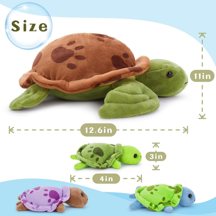 MorisMos 32cm Plüsch Kuscheltier Schildkröte mit 3 Baby im Panzer, 4 Stücke Süss Kuschelig Schildkrö
